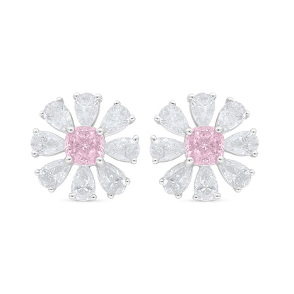 Sterling Silver 925 Earring Rhodium Plated Embedded With Pink Zircon And White Zircon