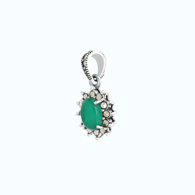 Sterling Silver 925 Pendant Embedded With Natural Green Agate And Marcasite Stones