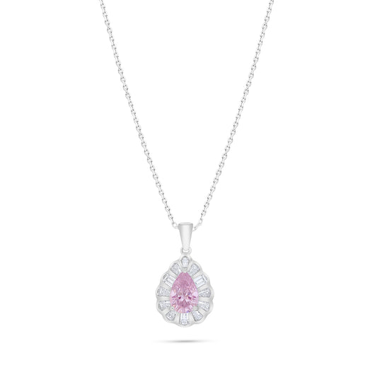 Sterling Silver 925 Necklace Rhodium Plated Embedded With Pink Zircon And White Zircon