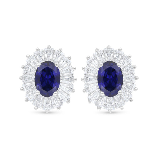 Sterling Silver 925 Earring Rhodium Plated Embedded With Sapphire Corundum And White Zircon