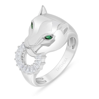 Sterling Silver 925 Ring Rhodium Plated Embedded With Emerald Zircon And White Zircon