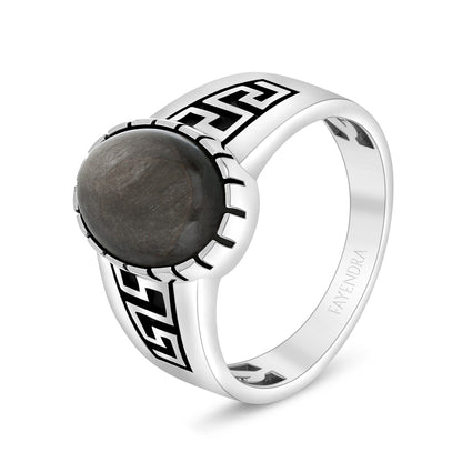 Sterling Silver 925 Ring Rhodium And Black Plated Embedded With Cabochon Obsidian For Men