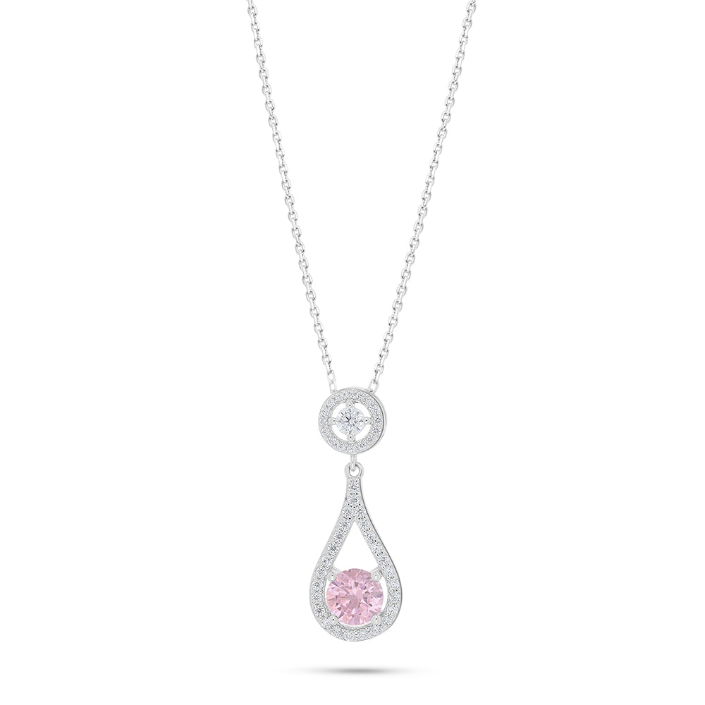 Sterling Silver 925 Necklace Rhodium Plated Embedded With pink Zircon And White Zircon