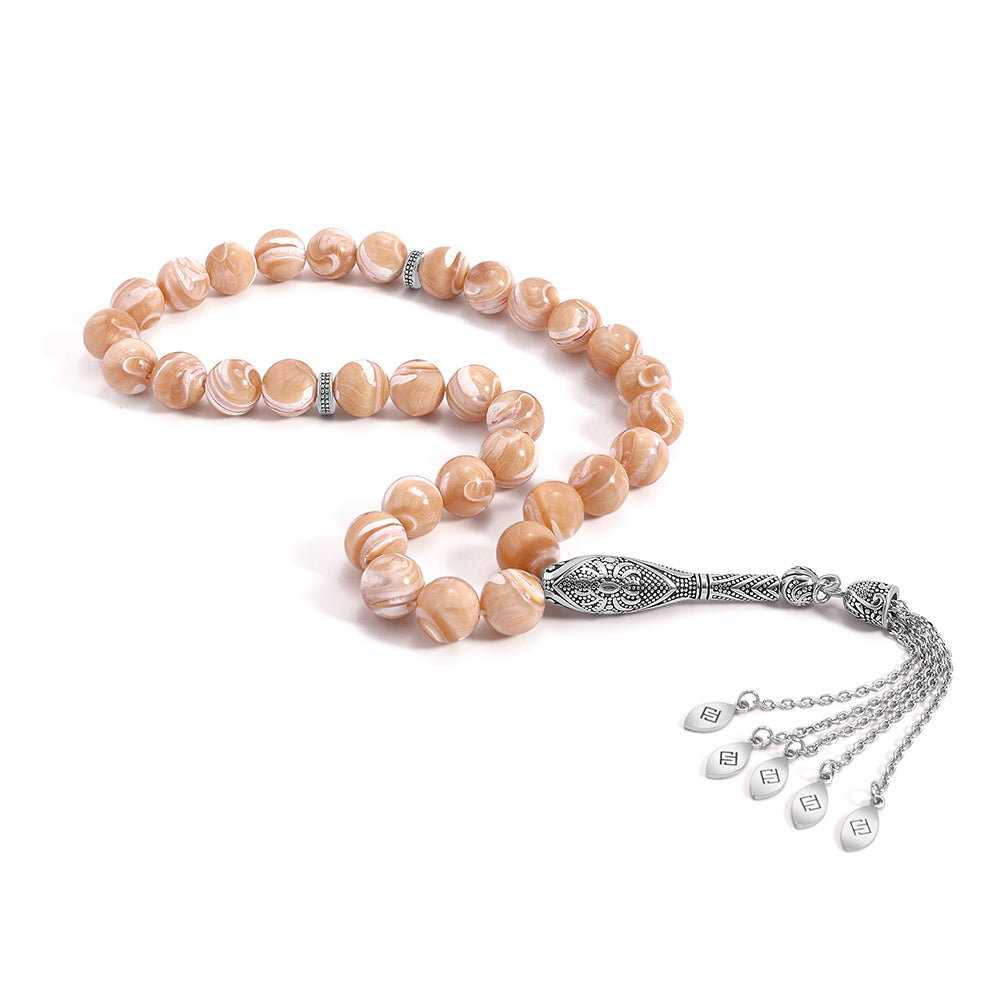 سبحة 33 احجار صدف ابيض كراميل بيلية 11 مم طقم ستانلس ستيل عيار 316L مطلى فضي واسود