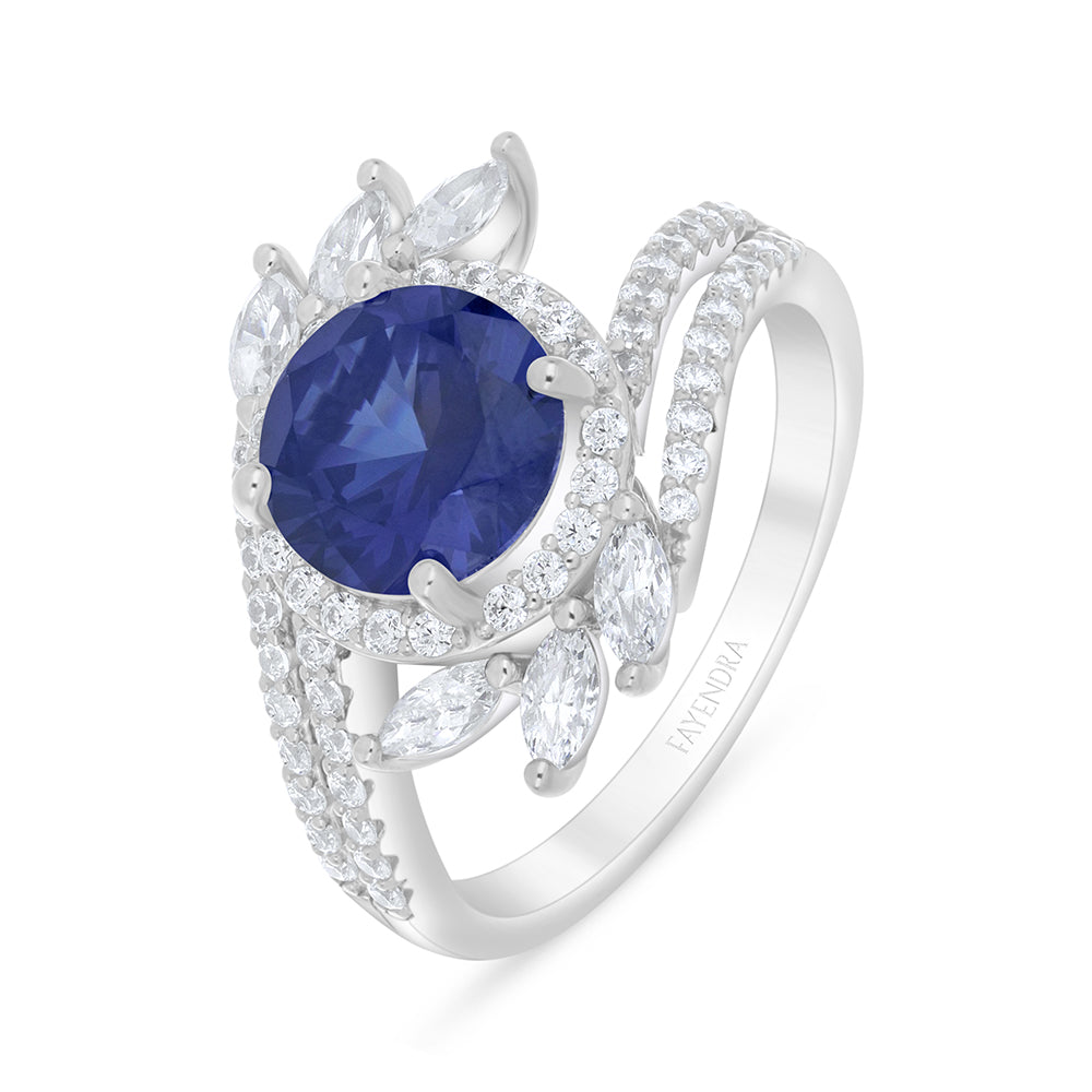 Sterling Silver 925 Ring Rhodium Plated Embedded With Sapphire Corundum And White Zircon