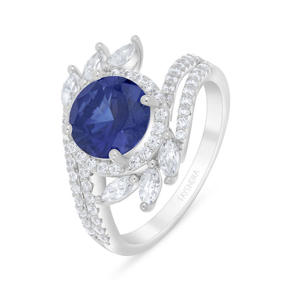 Sterling Silver 925 Ring Rhodium Plated Embedded With Sapphire Corundum And White Zircon