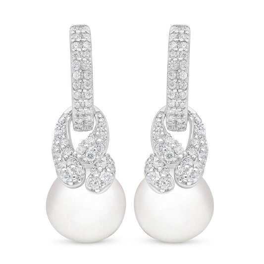 Sterling Silver 925 Earring Rhodium Plated Embedded With Natural White Pearl And White Zircon