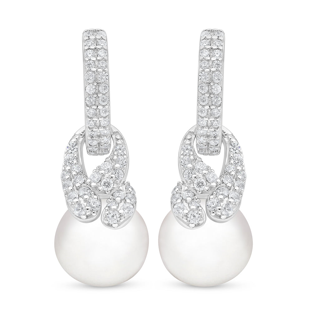 Sterling Silver 925 Earring Rhodium Plated Embedded With Natural White Pearl And White Zircon