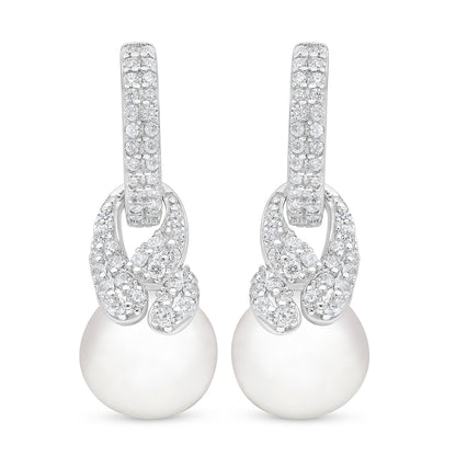 Sterling Silver 925 Earring Rhodium Plated Embedded With Natural White Pearl And White Zircon