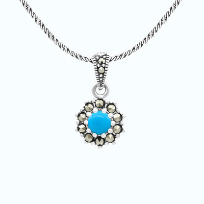 Sterling Silver 925 Pendant Embedded With Natural Processed Turquoise And Marcasite Stones