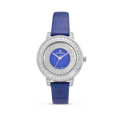 Stainless Steel 316L Watch Silver Color Blue Leather Embedded With White Zircon - BLUE MOP DIAL