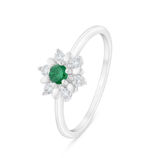 Sterling Silver 925 Ring Rhodium Plated Embedded With Emerald Zircon And White Zircon