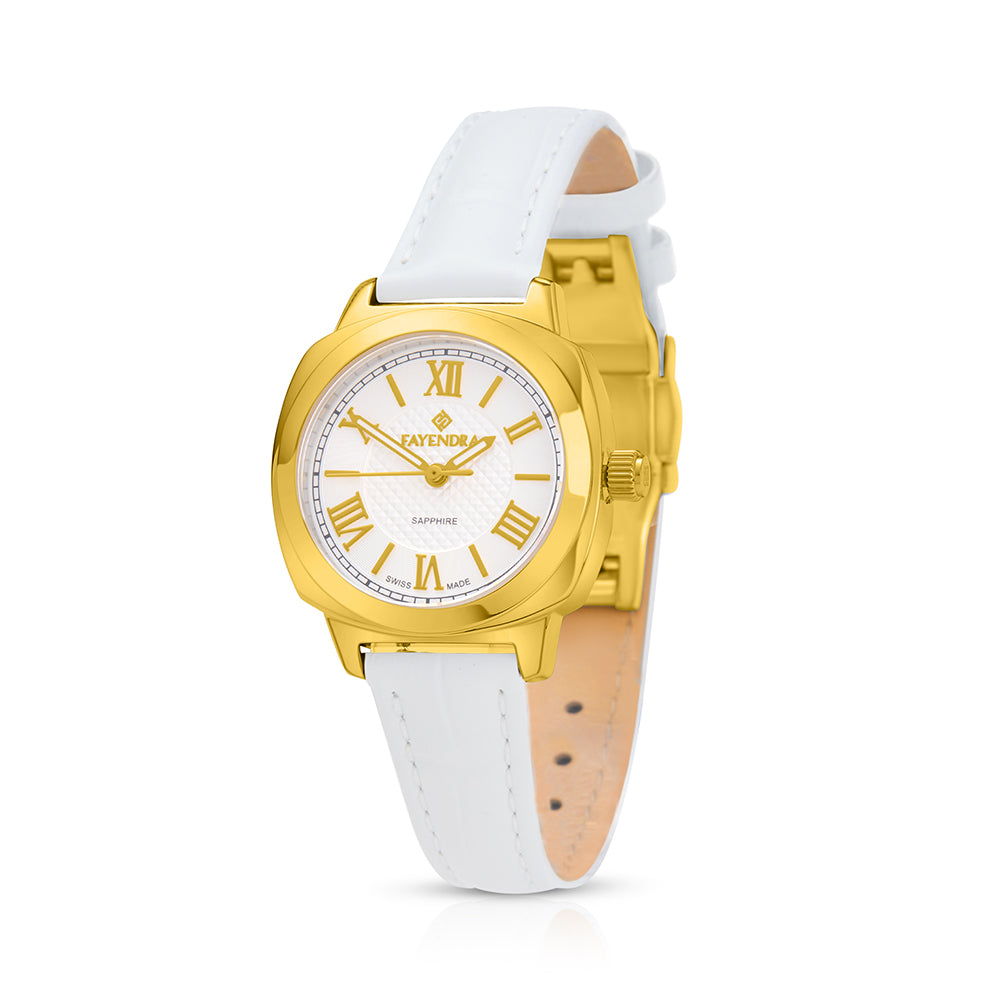 Stainless Steel 316L Watch Golden Color White Leather  - WHITE METAL DIAL