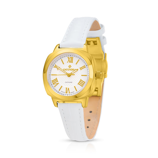 ساعة ستانلس ستيل عيار  L316 بلون ذهبى جلد ابيض - مينا معدنية باللون الابيض