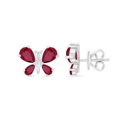 Sterling Silver 925 Earring Rhodium Plated Embedded With Ruby Corundum And White Zircon