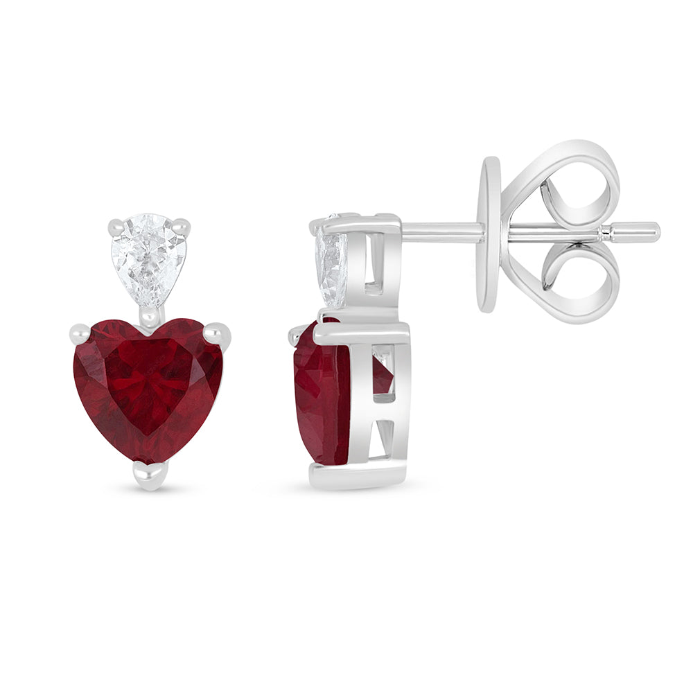 Sterling Silver 925 Earring Rhodium Plated Embedded With Ruby Corundum And White Zircon