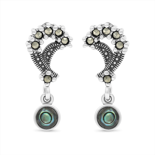 Sterling Silver 925 Earring Embedded With Natural Blue Shell And Marcasite Stones