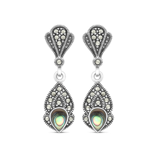 Sterling Silver 925 Earring Embedded With Natural Blue Shell And Marcasite Stones