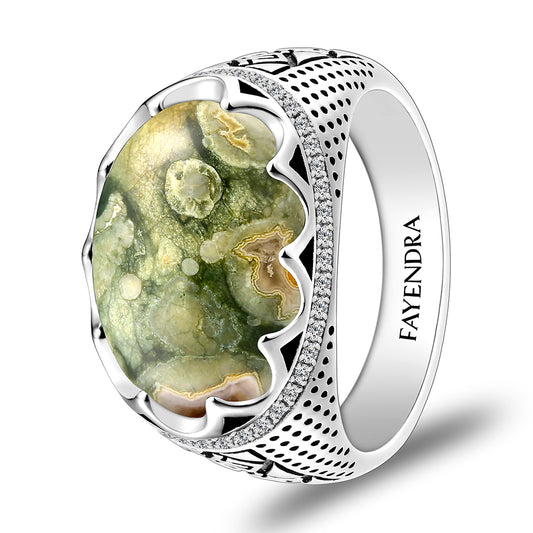Sterling Silver 925 Ring Rhodium Plated Embedded With RHYOLITE And White CZ