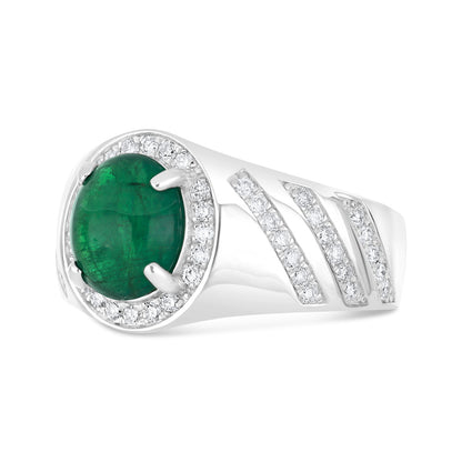 Sterling Silver 925 Men Ring Rhodium Plated Embedded With Natural Emerald And Natural Diamond (CVD)