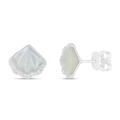 Sterling Silver 925 Earring Rhodium Plated Embedded With White Shell And White Zircon