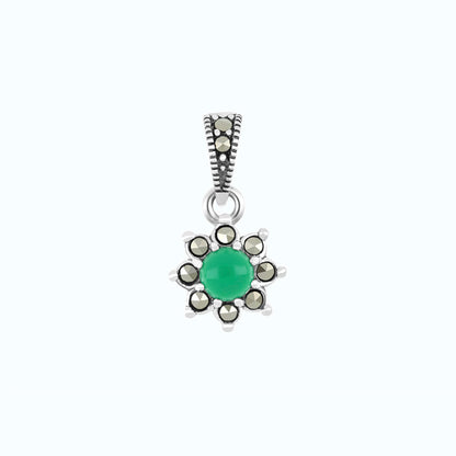 Sterling Silver 925 Pendant Embedded With Natural Green Agate And Marcasite Stones