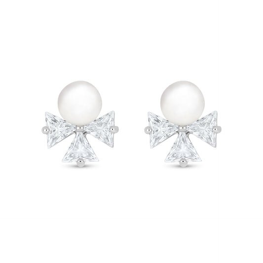 Sterling Silver 925 Earring Rhodium Plated Embedded With Natural White Pearl And White Zircon