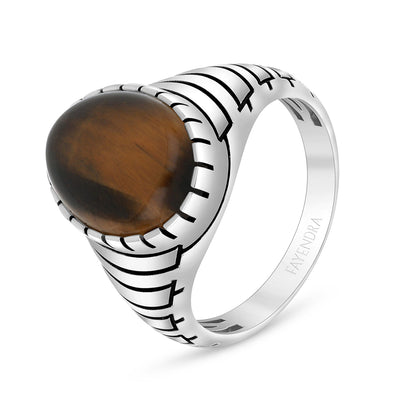 Sterling Silver 925 Ring Rhodium And Black Plated Embedded With Cabochon Yellow Tiger Eye For Men
