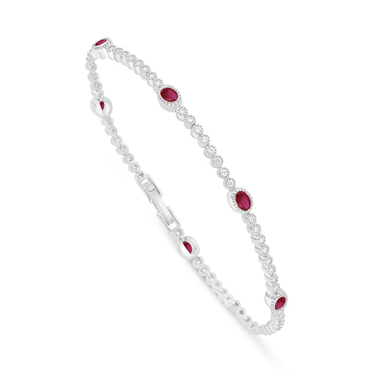 Sterling Silver 925 Bracelet Rhodium Plated Embedded With Ruby Corundum And White Zircon