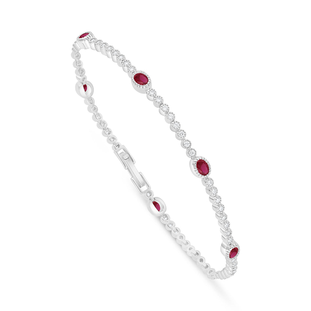 Sterling Silver 925 Bracelet Rhodium Plated Embedded With Ruby Corundum And White Zircon