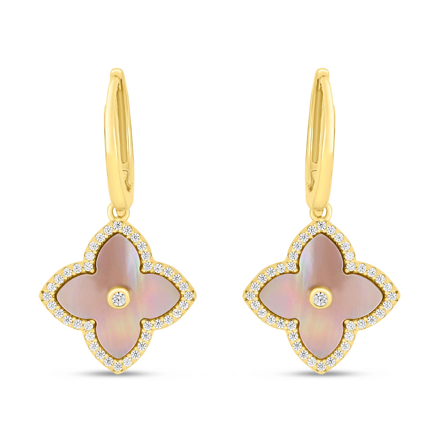Sterling Silver 925 Earring Golden Plated Embedded With Pink Shell And White Zircon