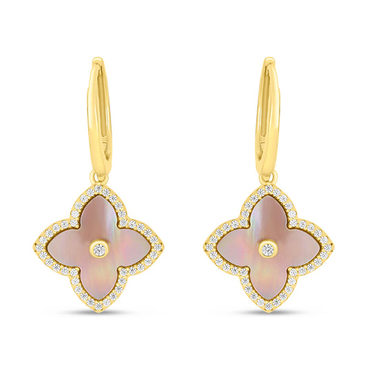 Sterling Silver 925 Earring Golden Plated Embedded With Pink Shell And White Zircon