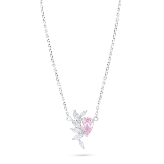 Sterling Silver 925 Necklace Rhodium Plated Embedded With pink Zircon And White Zircon