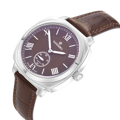 ساعة رجالي ستانلس ستيل عيار  L316 بلون فضي جلد بني - مينا معدنية باللون البني