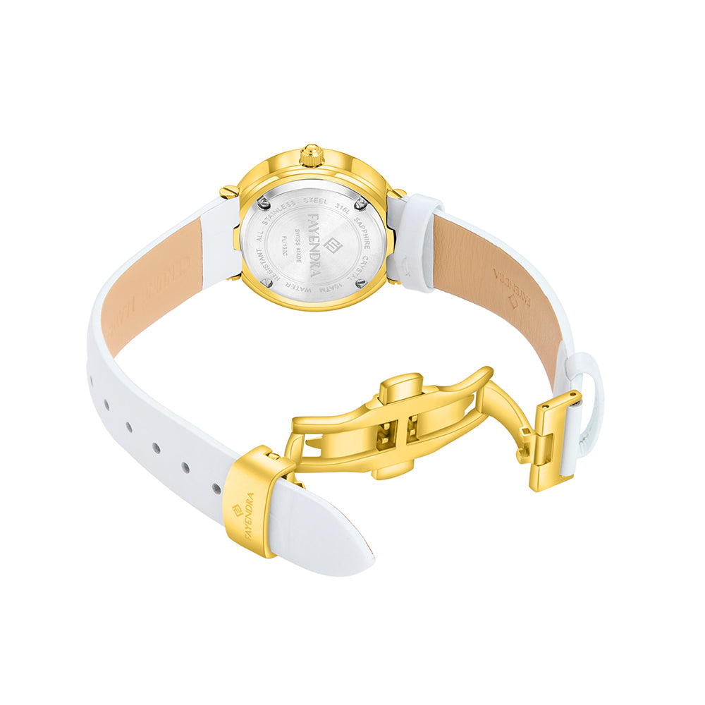 Stainless Steel 316L Watch Golden Color White Leather And White Zircon - WHITE MOP DIAL