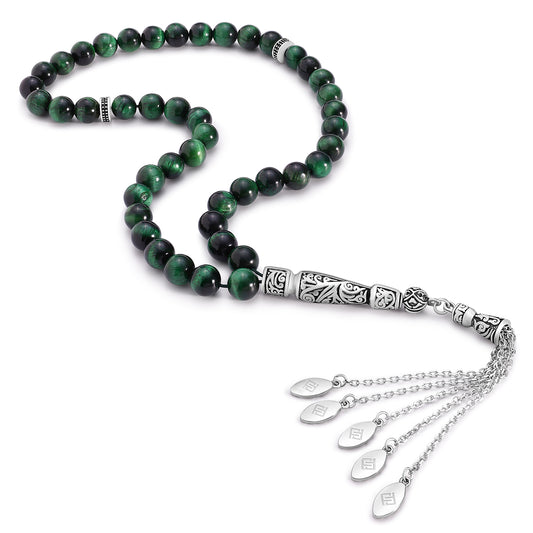 Green Tiger Eye Rosary 45 Round Bead 8 MM Whit Stainless Steel 316L Set (Silver & Black Plated)