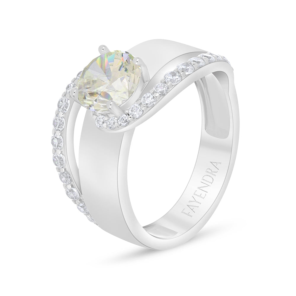 خاتم من الفضة الخالصة عيار 925 مطلي روديوم مرصع بالزركون الكناري الالماسي و فص ابيض