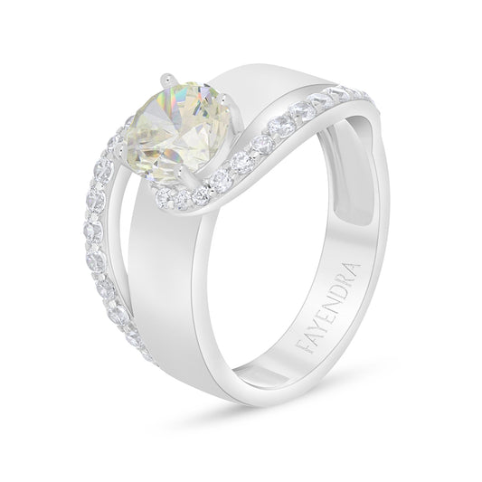 خاتم من الفضة الخالصة عيار 925 مطلي روديوم مرصع بالزركون الكناري الالماسي و فص ابيض