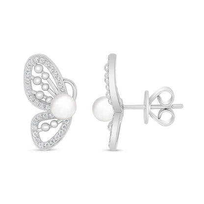 Sterling Silver 925 Earring Rhodium Plated Embedded With Natural White Pearl And White Zircon
