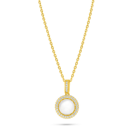 Sterling Silver 925 Necklace Golden Plated Embedded With Natural White Pearl And White Zircon