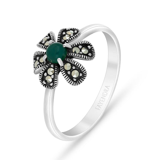 Sterling Silver 925 Ring Embedded With Natural Green Agate And Marcasite Stones