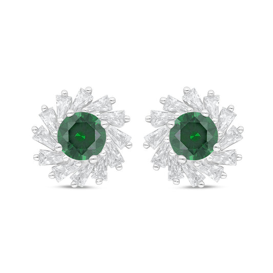 Sterling Silver 925 Earring Rhodium Plated Embedded With Emerald Zircon And White Zircon