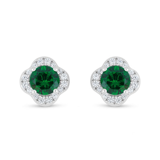 Sterling Silver 925 Earring Rhodium Plated Embedded With Emerald Zircon And White Zircon