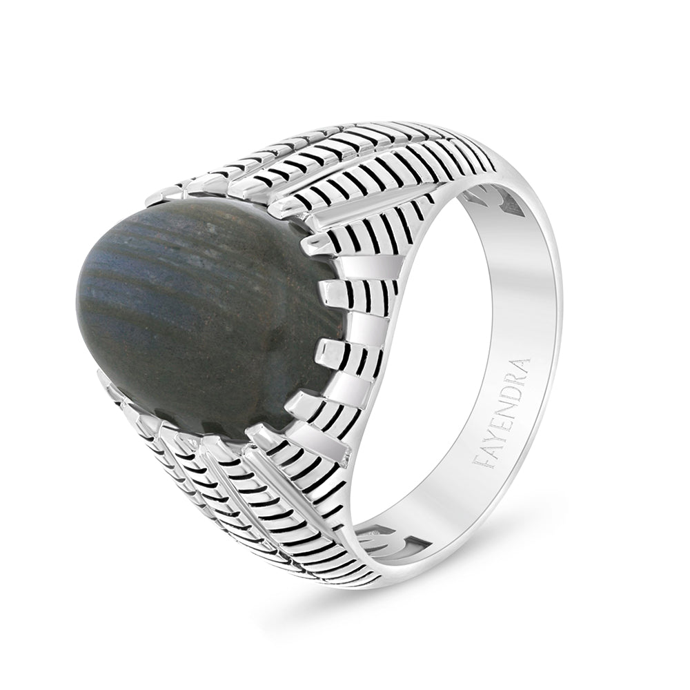 Sterling Silver 925 Ring Rhodium And Black Plated Embedded With Cabochon Labradorite For Men