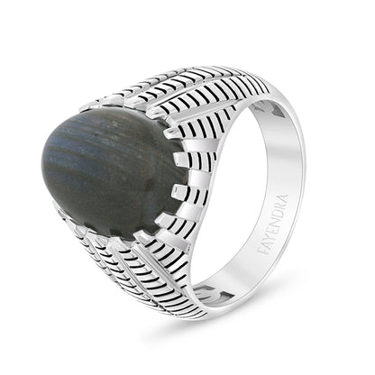 Sterling Silver 925 Ring Rhodium And Black Plated Embedded With Cabochon Labradorite For Men