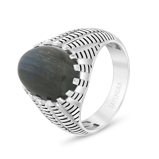 Sterling Silver 925 Ring Rhodium And Black Plated Embedded With Cabochon Labradorite For Men