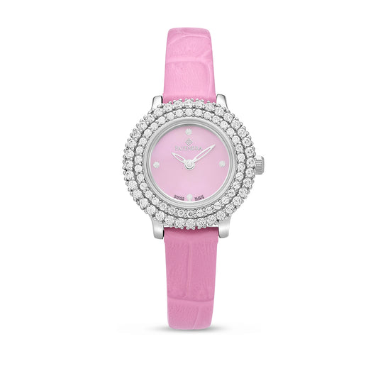 Stainless Steel 316 Watch Silver Color Pink Leather Embedded With White Zircon - PINK MOP DIAL