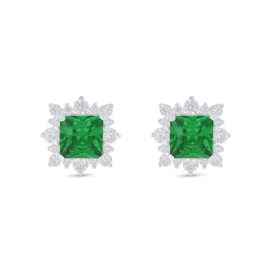 Sterling Silver 925 Earring Rhodium Plated Embedded With Emerald Zircon And White Zircon