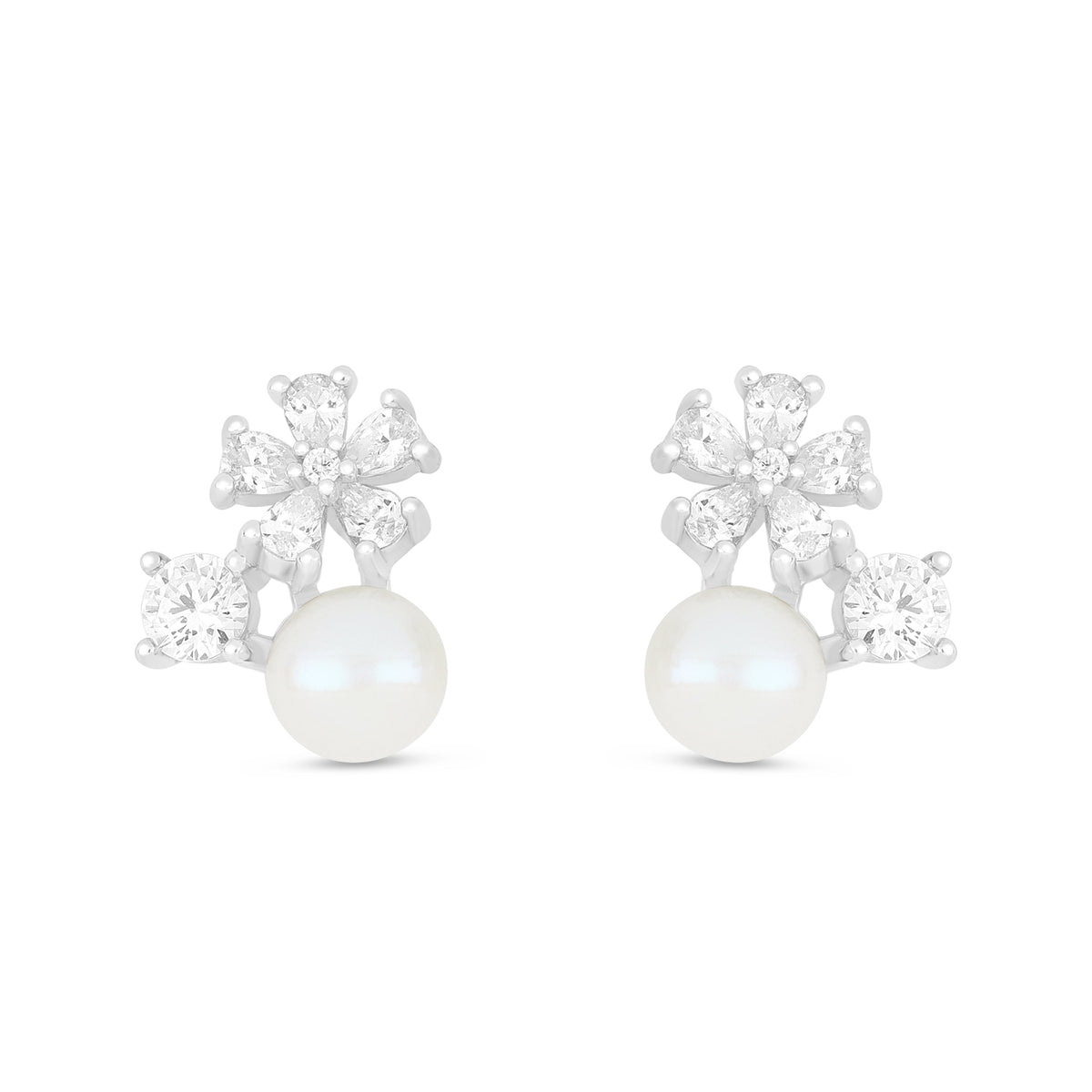 Sterling Silver 925 Earring Rhodium Plated Embedded With Natural White Pearl And White Zircon