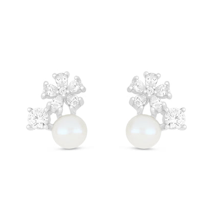 Sterling Silver 925 Earring Rhodium Plated Embedded With Natural White Pearl And White Zircon